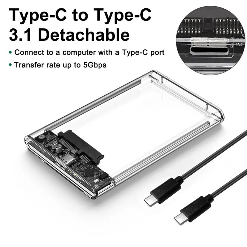 Pouzdro na 2.5" HDD SSD SATA, USB 3.1 Typ C, transparentní