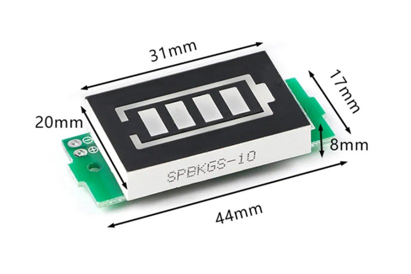 Indikátor kapacity lithium baterie, tvar baterie, 4 segmenty, 3-34V, 1S-8S, zelený