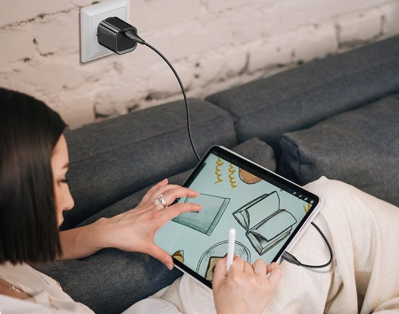 Toocki 20W nabíječka GaN USB C Quick Charge 3.0 s kabelem 1m USB C - USB C, černá