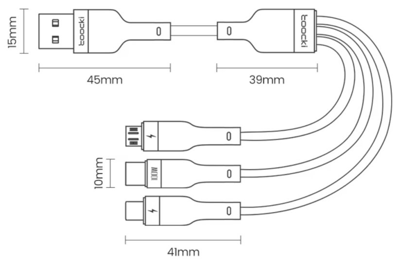 Toocki 3v1 USB kabel 6A 100W, USB-C / Micro USB / iPhone lightning, černý/šedý