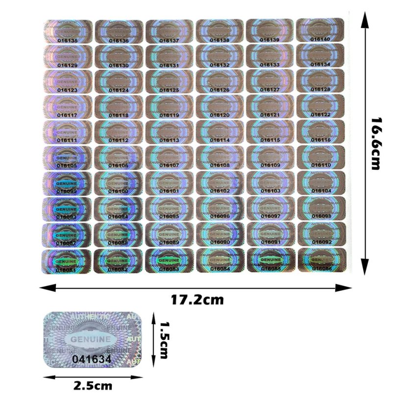 Holografické bezpečnostní nálepky (pečeť), 25x15mm, stříbrné, arch 60ks