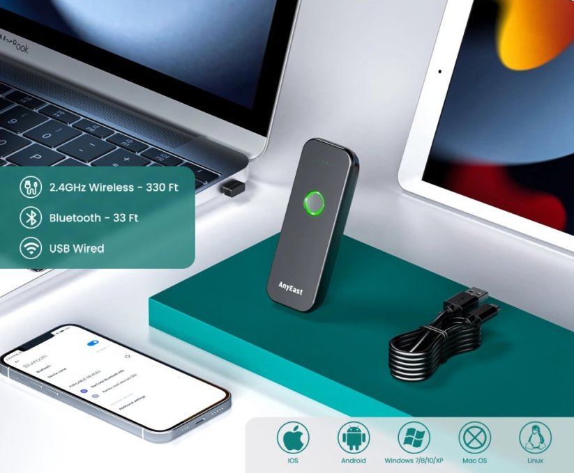 AnyEast AT004 Mini 2D CCD bezdrátová čtečka čárových kódů, Bluetooth / 2.4GHz / USB