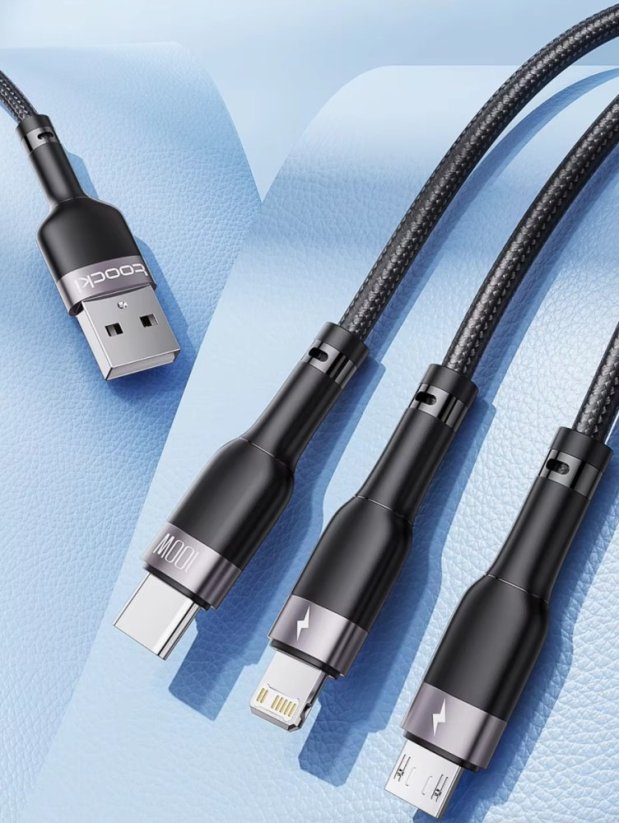 Toocki 3v1 USB kabel 6A 100W, USB-C / Micro USB / iPhone lightning, černý/šedý