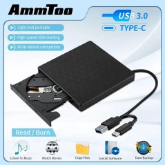 AMMTOO Externí DVD jednotka USB A/USB C 2.0/3.0, přenosná