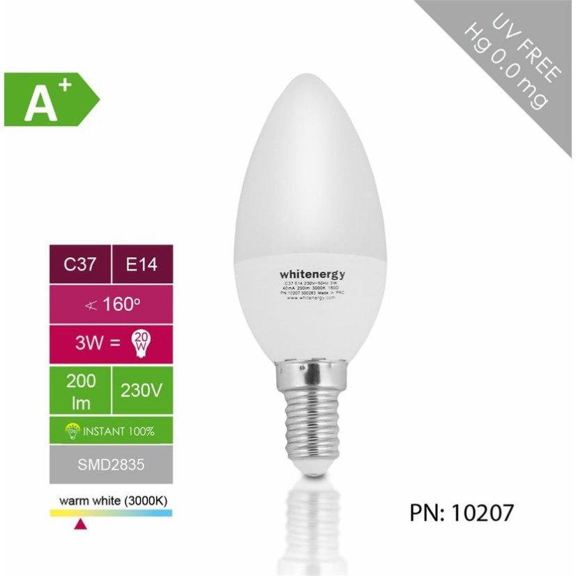 Whitenergy LED žárovka SMD2835 C37 E14 3W bílá mléčná teplá - svíčka