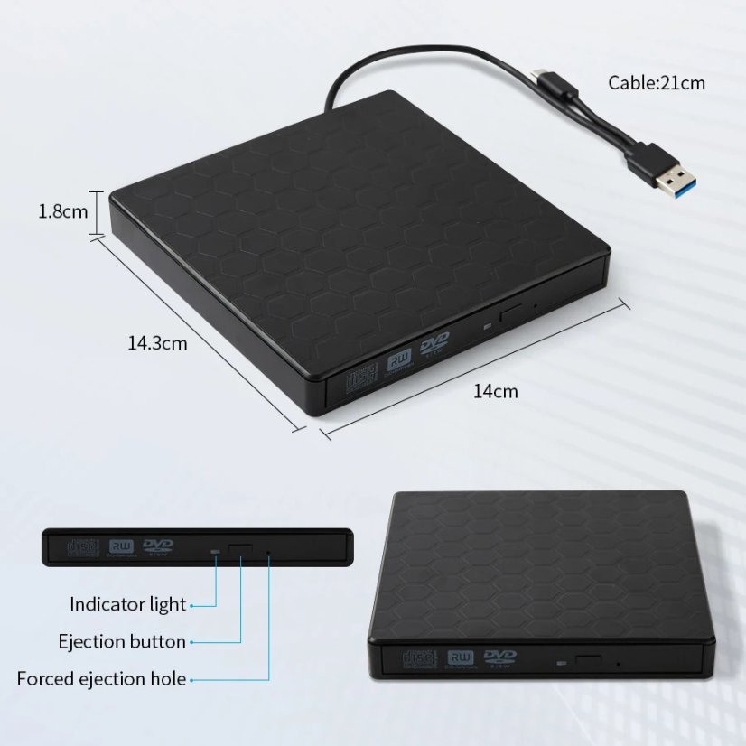 AMMTOO Externí DVD jednotka USB A/USB C 2.0/3.0, přenosná