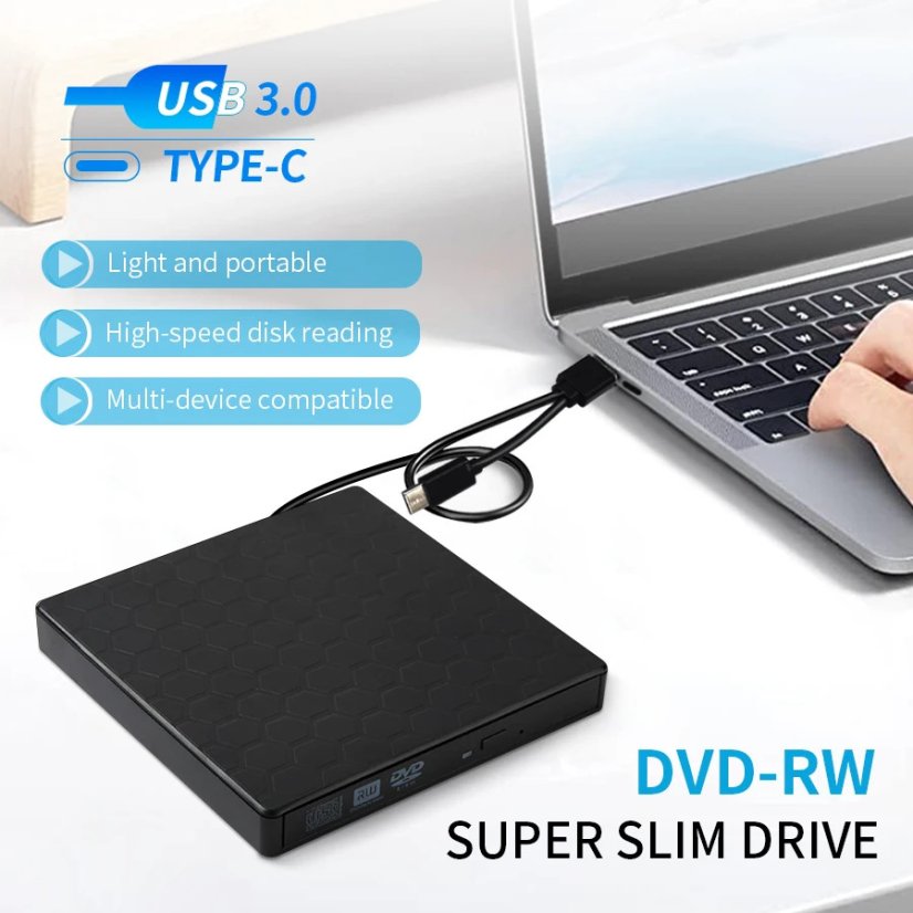 AMMTOO Externí DVD jednotka USB A/USB C 2.0/3.0, přenosná
