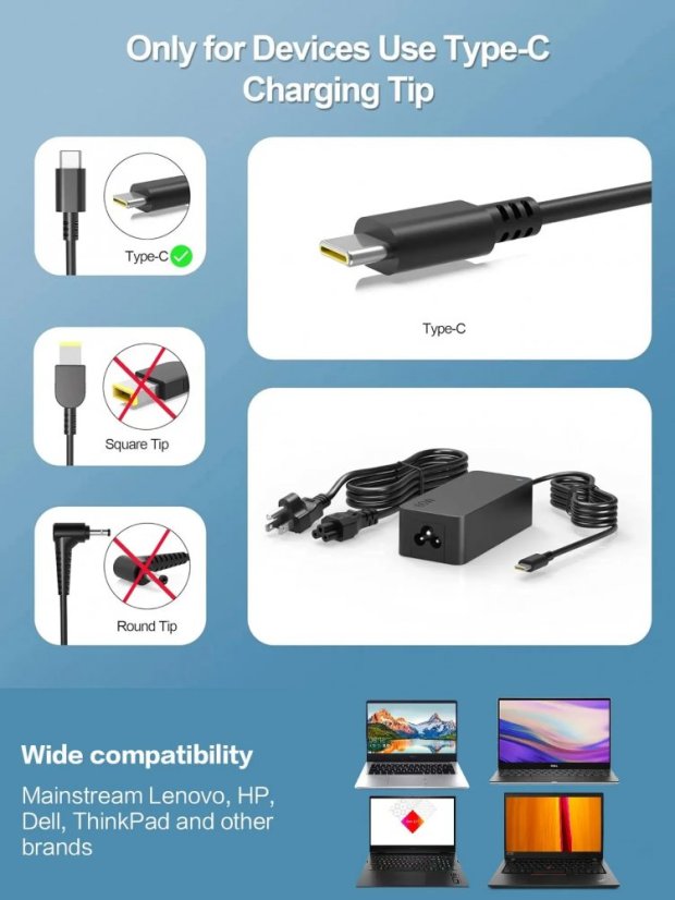 Reletech 65W USB-C napájecí adaptér pro Lenovo, HP