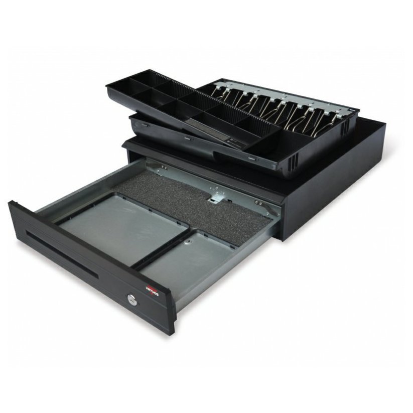 Pokladní zásuvka VIRTUOS C425C, černá, kovové držáky bankovek, s kabelem RJ12 24V, konektor RJ50, 9-24V