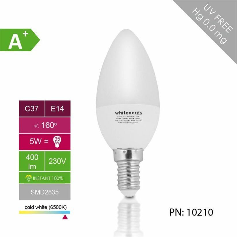 Whitenergy LED žárovka SMD2835 C37 E14 5W bílá mléčná studená - svíčka