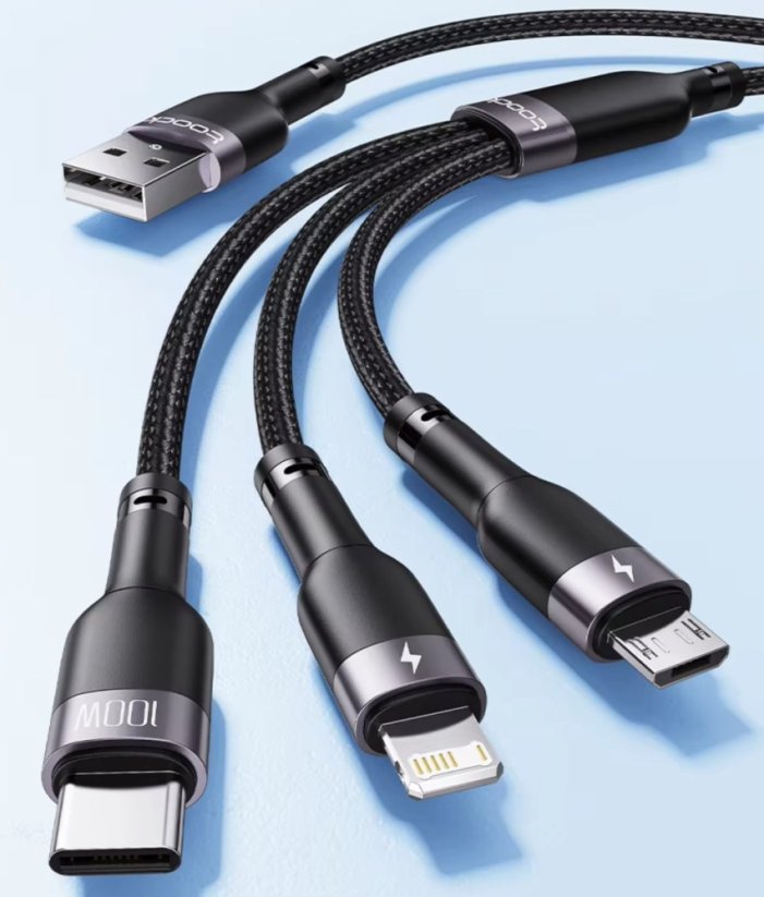 Toocki 3v1 USB kabel 6A 100W, USB-C / Micro USB / iPhone lightning, černý/šedý