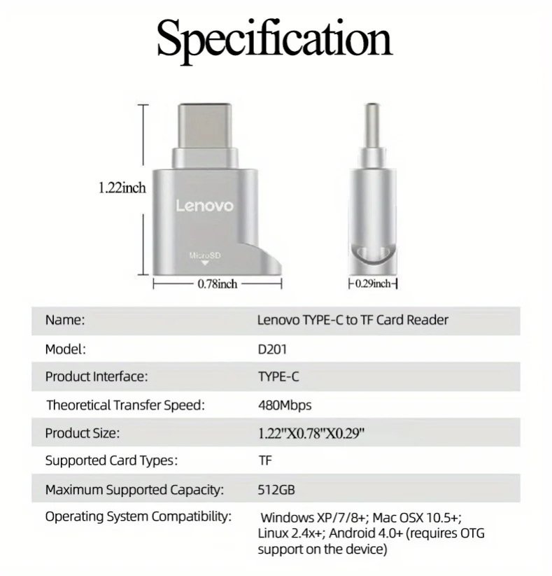 Lenovo D201 USB C čtečka Micro SD karet, TYPEC_TF