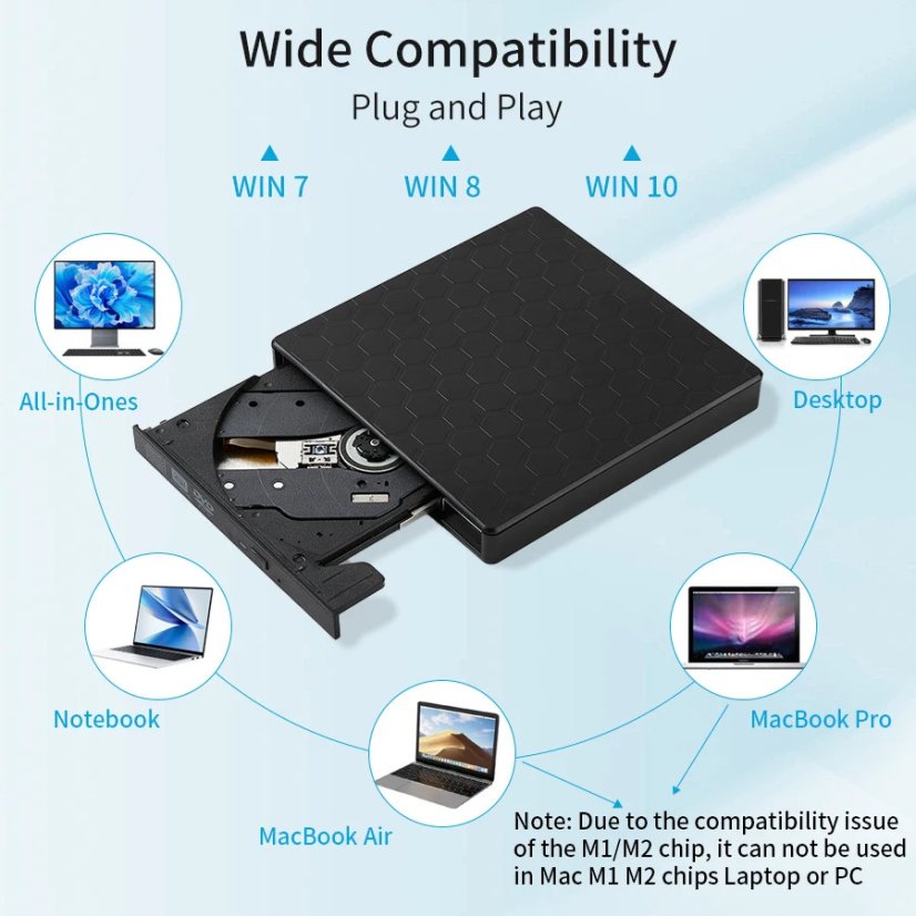 AMMTOO Externí DVD jednotka USB A/USB C 2.0/3.0, přenosná