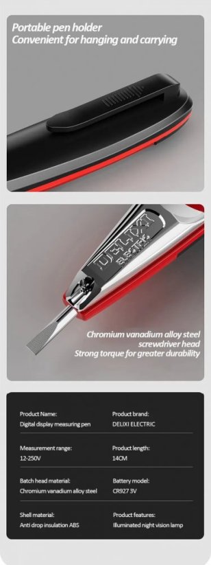 DELIXI ELECTRIC testovací pero 12-220V s displejem a světlem