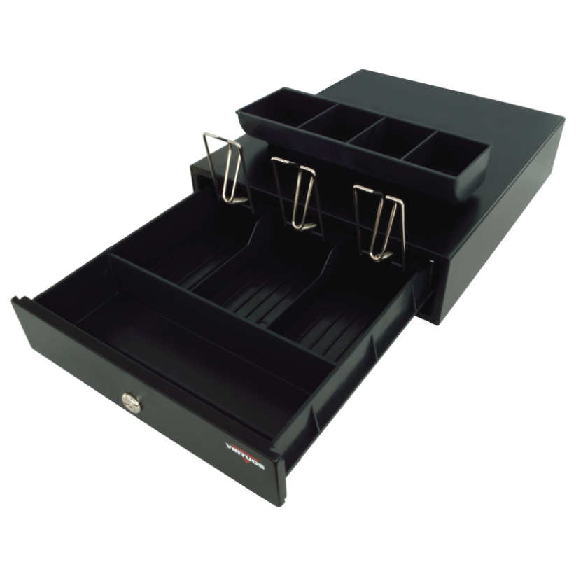 Pokladní zásuvka VIRTUOS mikro EK-300C, černá, s kabelem, kovové držáky bankovek