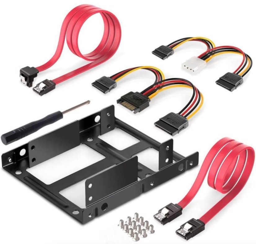 Sada rámeček pro 2x 2.5" HDD/SSD na 3.5" pozice, montážní sada s datovými a napájecími kabely SATA