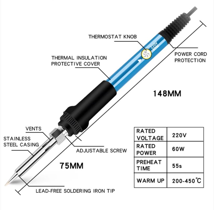 Elektrická PEN páječka 60W, černá, nastavitelná teplota, výměnné hroty, sada