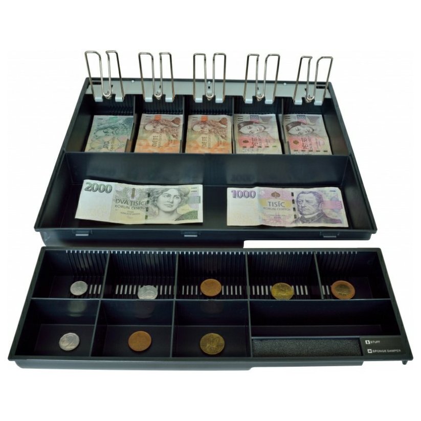 Pokladní zásuvka VIRTUOS C425C, černá, kovové držáky bankovek, s kabelem RJ12 24V, konektor RJ50, 9-24V