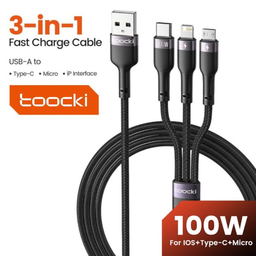 Toocki 3v1 USB kabel 6A 100W, USB-C / Micro USB / iPhone lightning, černý/šedý