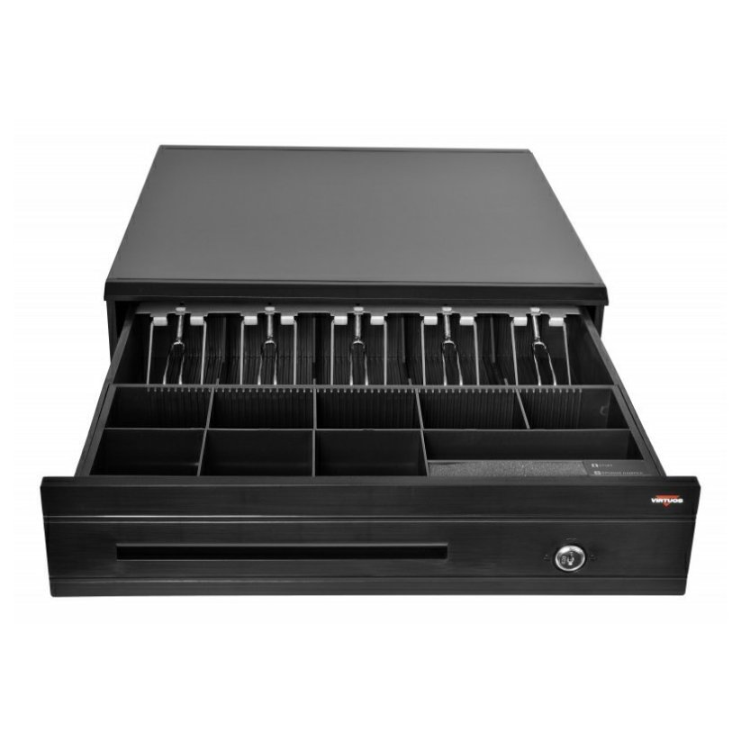 Pokladní zásuvka VIRTUOS C425C, černá, kovové držáky bankovek, s kabelem RJ12 24V, konektor RJ50, 9-24V