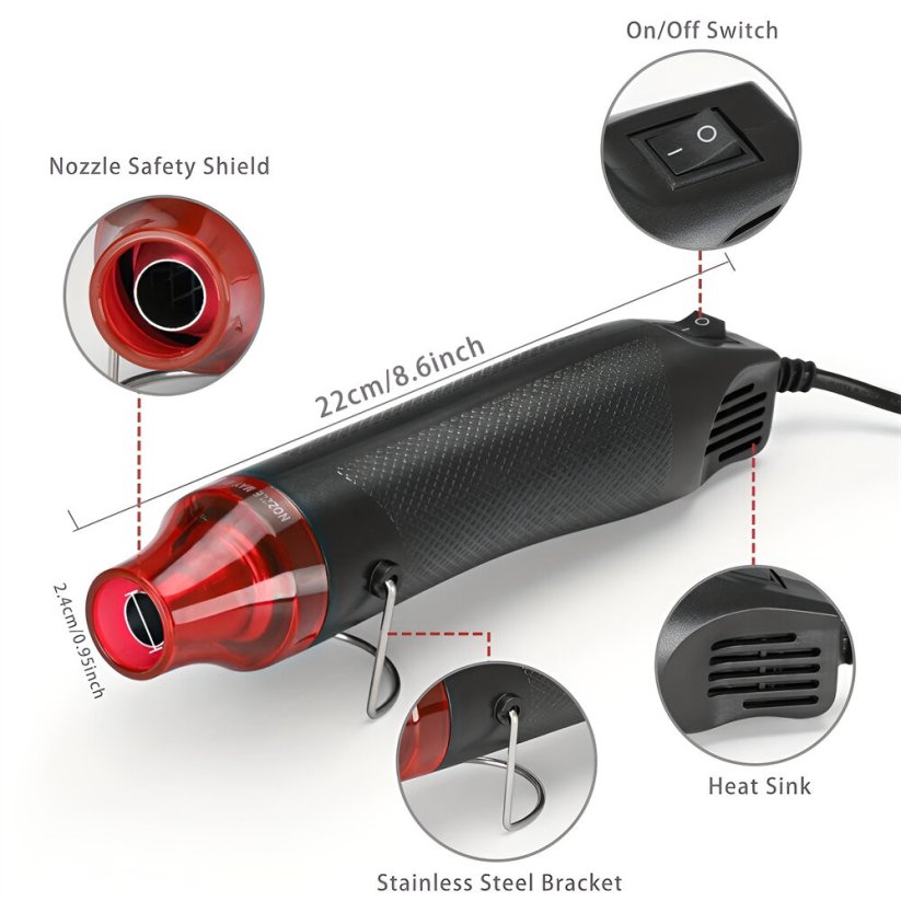 Mini horkovzdušná pistole, černá/červená, 200°C, 300W, 220V