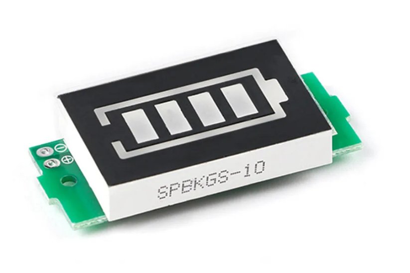 Indikátor kapacity lithium baterie, tvar baterie, 4 segmenty, 3-34V, 1S-8S, zelený