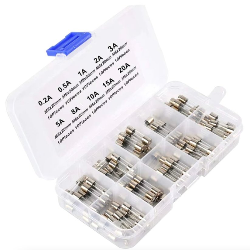 Sada 5x20mm skleněných trubicových pojistek, 100ks