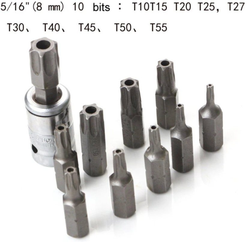 Sada 34-dílná bitů Torx, hvězdicových nástrčných klíčů E-Torx a hvězdicových nástrčných klíčů Plum Blossom (pentalobe)