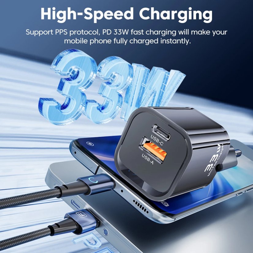 Toocki 33W nabíječka GaN USB C a USB A Quick Charge 3.0, černá