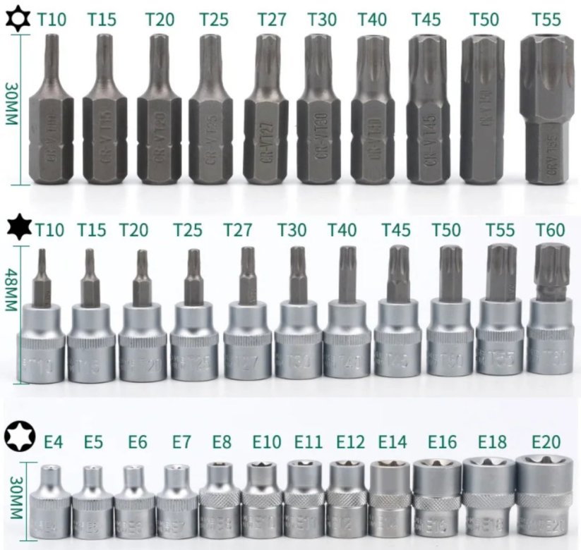 Sada 34-dílná bitů Torx, hvězdicových nástrčných klíčů E-Torx a hvězdicových nástrčných klíčů Plum Blossom (pentalobe)