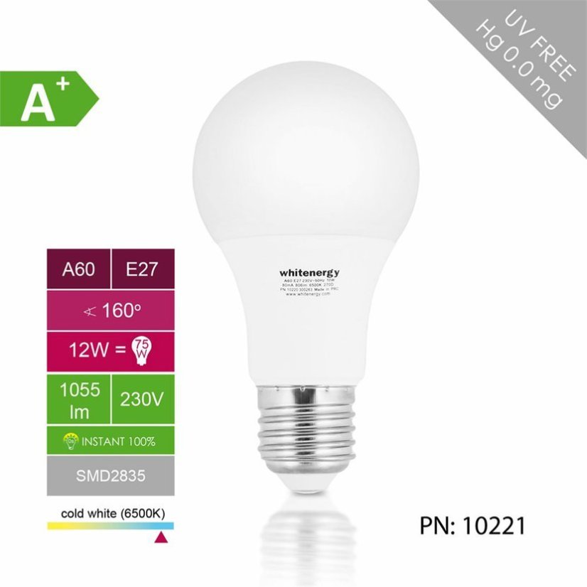Whitenergy LED žárovka SMD2835 A60 E27 12W bílá mléčná studená