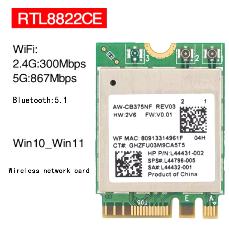 RTL8822CE NGFF M2 2.4/5G WiFi dvoupásmová gigabitová vestavěná bezdrátová síťová karta