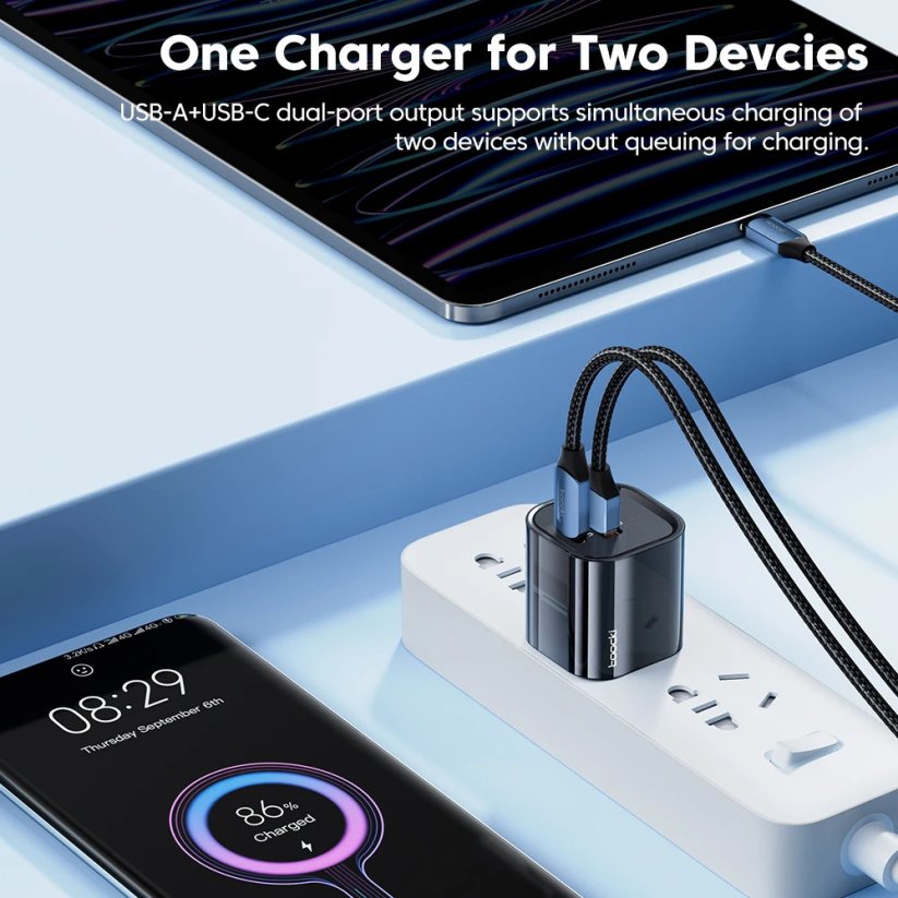 Toocki 33W nabíječka GaN USB C a USB A Quick Charge 3.0, černá
